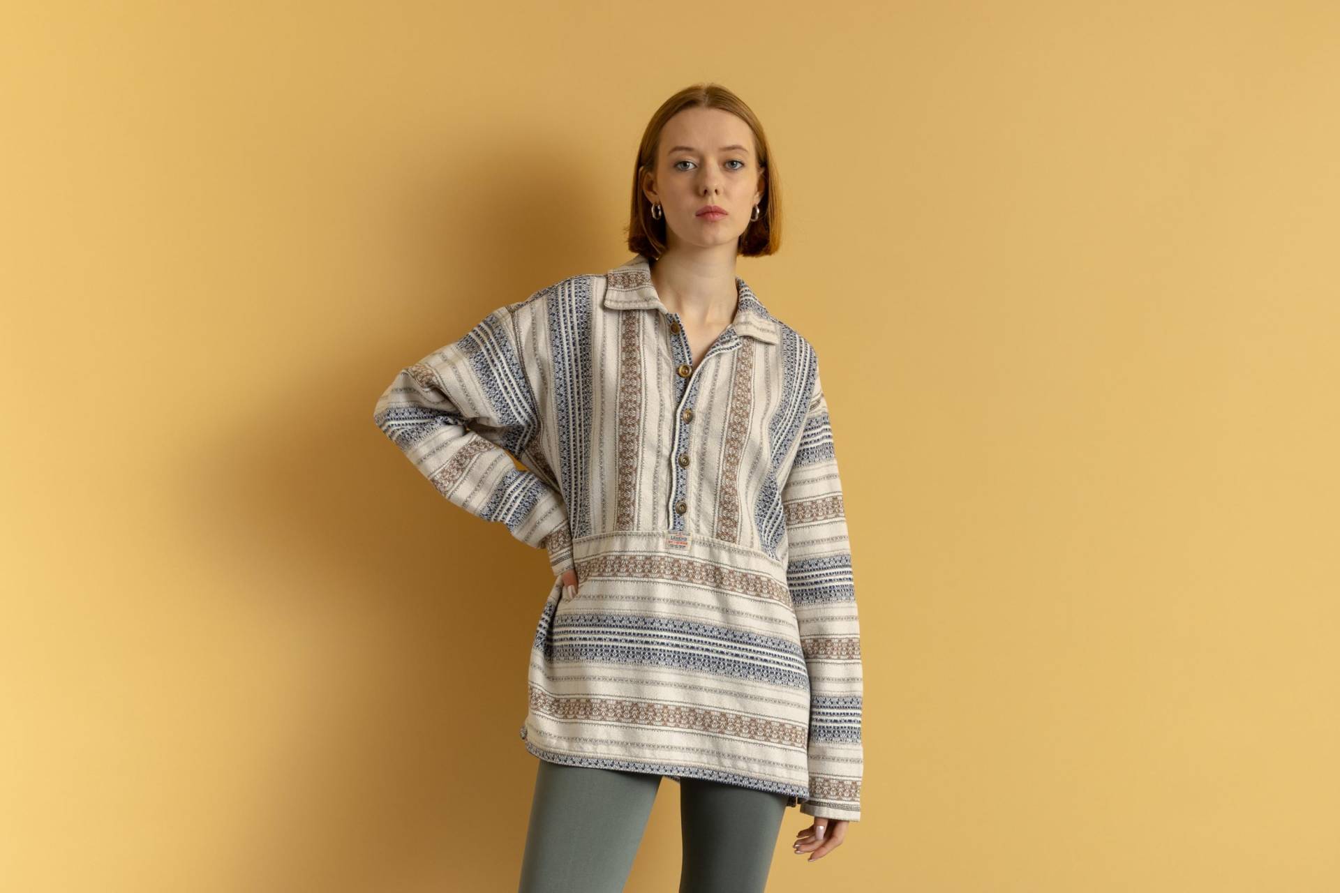 80Er Vintage Unisex Chewan Beige Gestreift Relaxed Fit Oversized Sweatshirt Pullover Rave Größe Medium von MoodGirlsUA