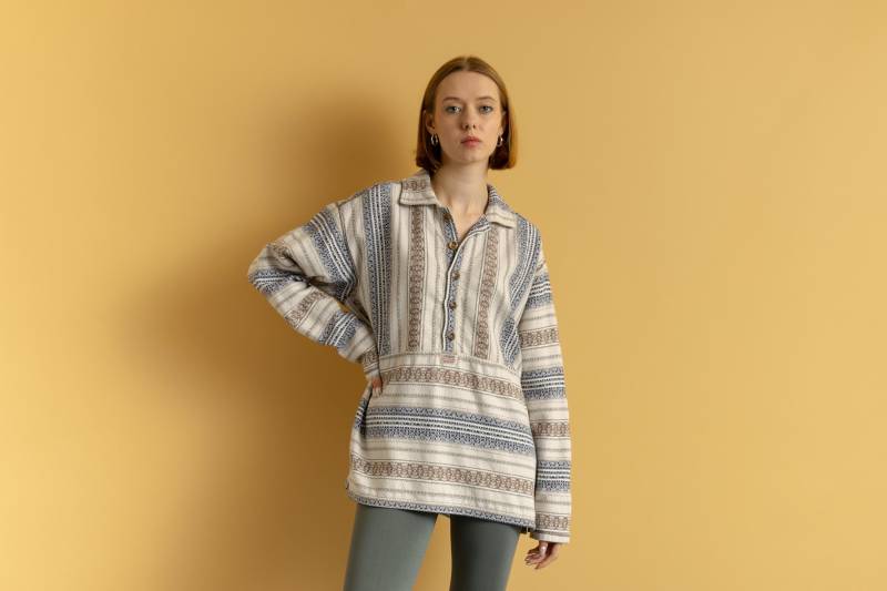 80Er Vintage Unisex Chewan Beige Gestreift Relaxed Fit Oversized Sweatshirt Pullover Rave Größe Medium von MoodGirlsUA
