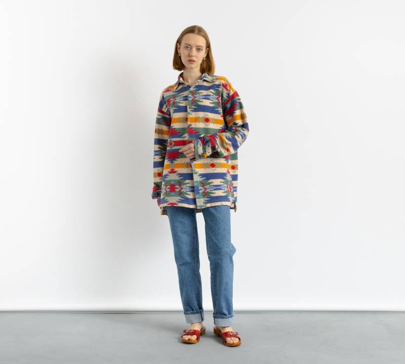 80Er Vintage Viskose Azteken Abstraktes Muster Unisex Stoff Langarm Im Hemd Knöpfe Bluse Größe Herren Medium von MoodGirlsUA