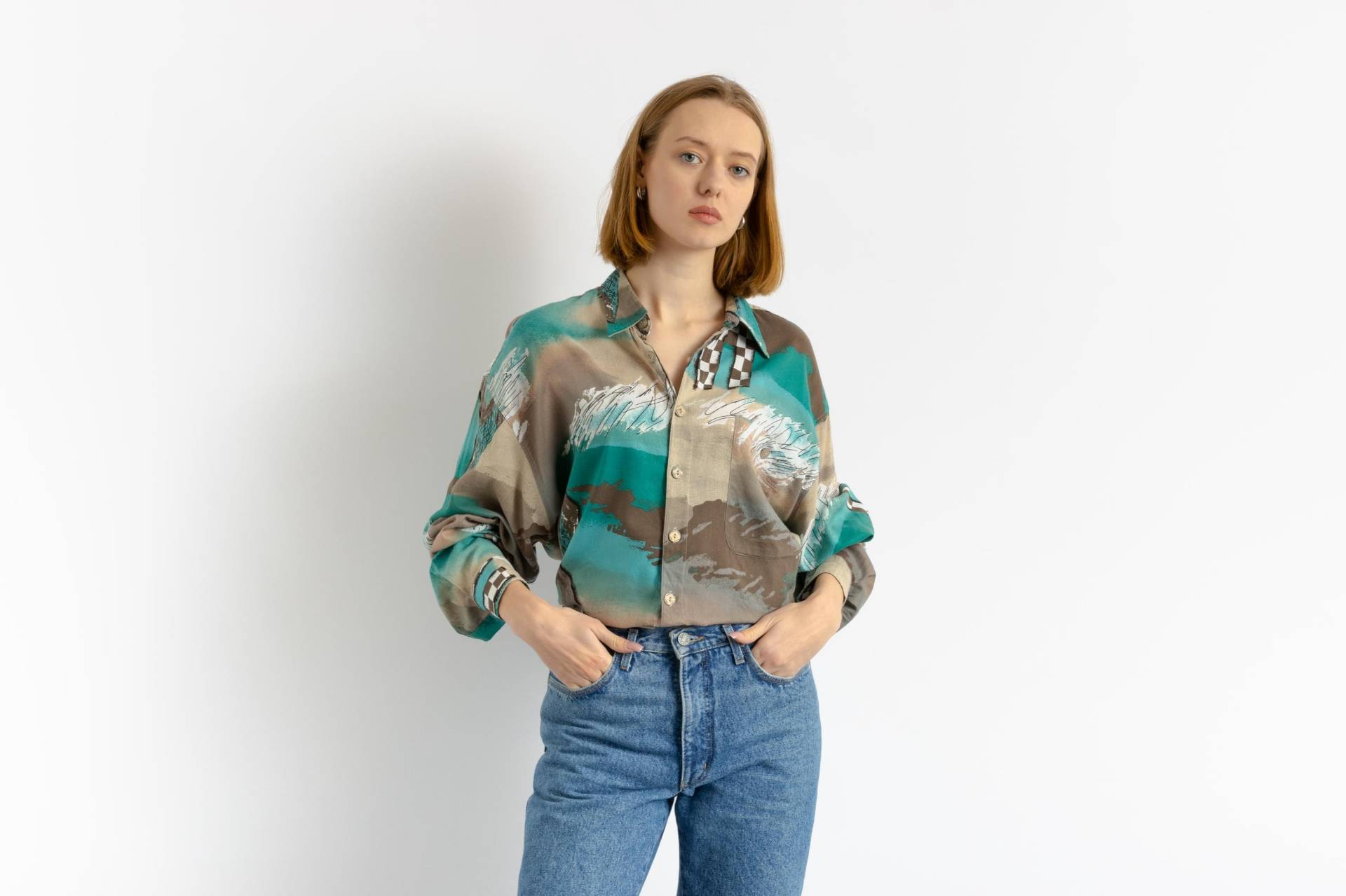 80Er Vintage Viskose Azteken Abstraktes Muster Unisex Stoff Langarm Im Hemd Knöpfe Up Bluse Größe Herren Groß von MoodGirlsUA