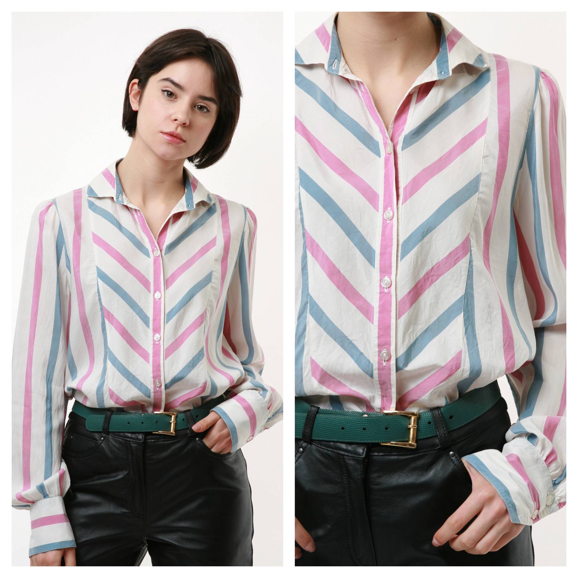80Er Vintage Vtg Seltene Gestreifte Seide Langarm Knöpfe Up Shirt Bluse 2116 von MoodGirlsUA