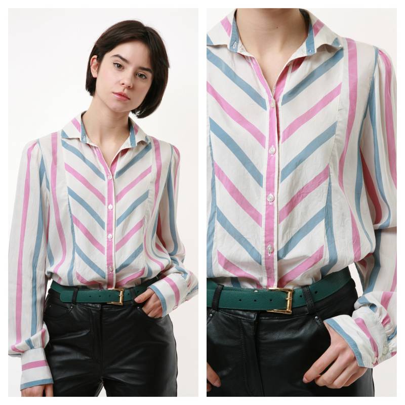 80Er Vintage Vtg Seltene Gestreifte Seide Langarm Knöpfe Up Shirt Bluse 2116 von MoodGirlsUA