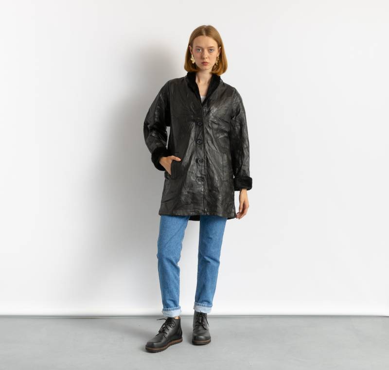 80Er Vintage Vtg Seltenes Schwarzes Leder Gefüttert Oversized Trench Outwear Herbstmantel Freundin Geschenk Mantel Gr. S von MoodGirlsUA