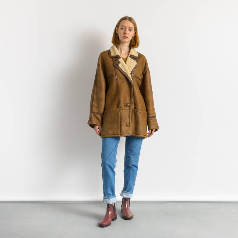 80Er Western Schaffell Mantel, Größe M Brauner Shearling Style Kleidung, Vintage Oberbekleidung, Retro Lederfell Damen Kleidung von MoodGirlsUA