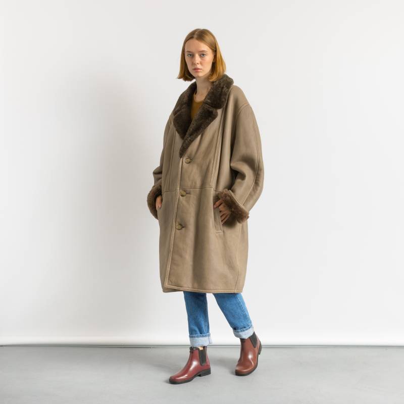 90Er Beige Leder Shearling Mantel, Größe Xxl Retro Wildleder Vintage Overcoat, Jahre Oberbekleidung, Damen Kleidung von MoodGirlsUA