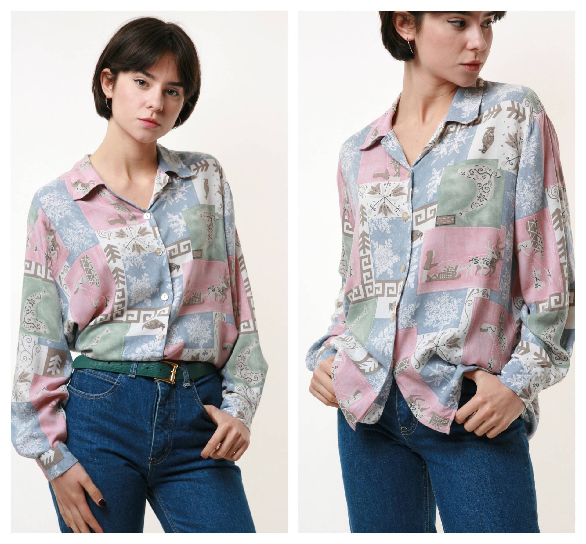 90Er Jahre Vintage Abstrakte Muster Übergroße Shirt Bluse Langarm Knöpfe Bis 1911 Size S von MoodGirlsUA