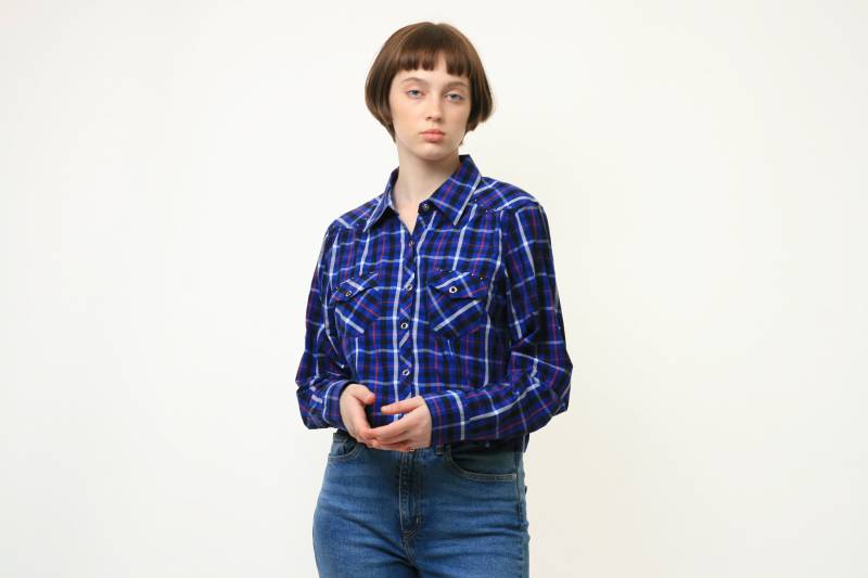 90Er Jahre Vintage Harley Davidson Checked Blue Logo Langarm Buttons Up Woman Shirt in M Größe 3959 / von MoodGirlsUA