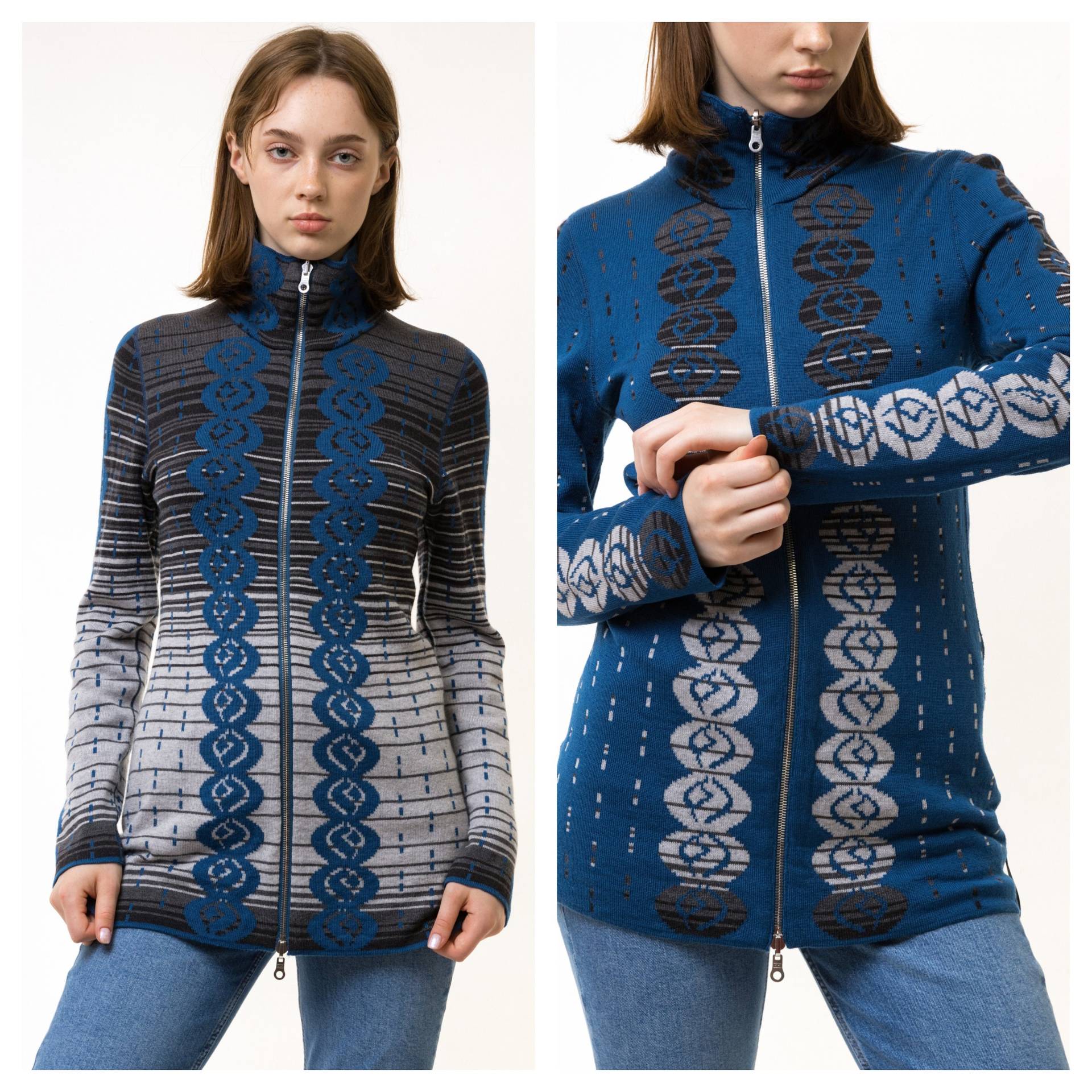 90Er Jahre Vintage Luxus Reversible 2 Side Switzerland 100 % Merinowolle Rollkragenpullover Abstraktes Muster Damen Pullover Mit Reißverschluss in von MoodGirlsUA