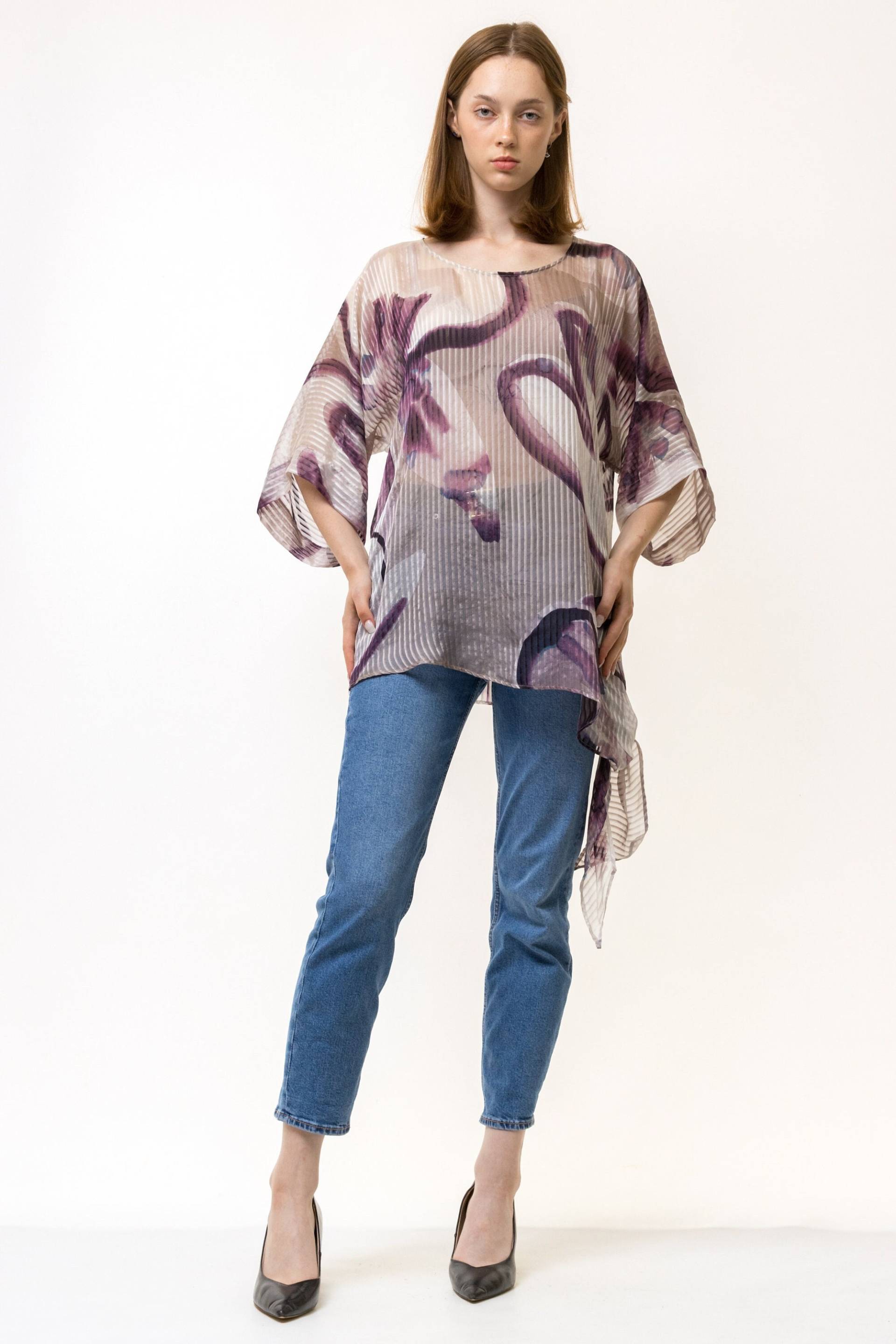 90Er Jahre Vintage Max Mara Pure Seta Seide Beige Rundhalsausschnitt Abstraktes Muster Damenbluse von MoodGirlsUA