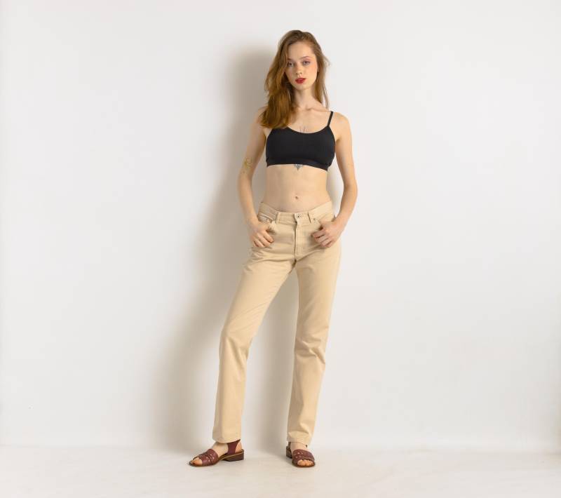 90Er Jahre Vintage Seltene Dkny Beige Hoch Taillierte Moms Denim Gerade Bein Reißverschluss Jeans Hose von MoodGirlsUA