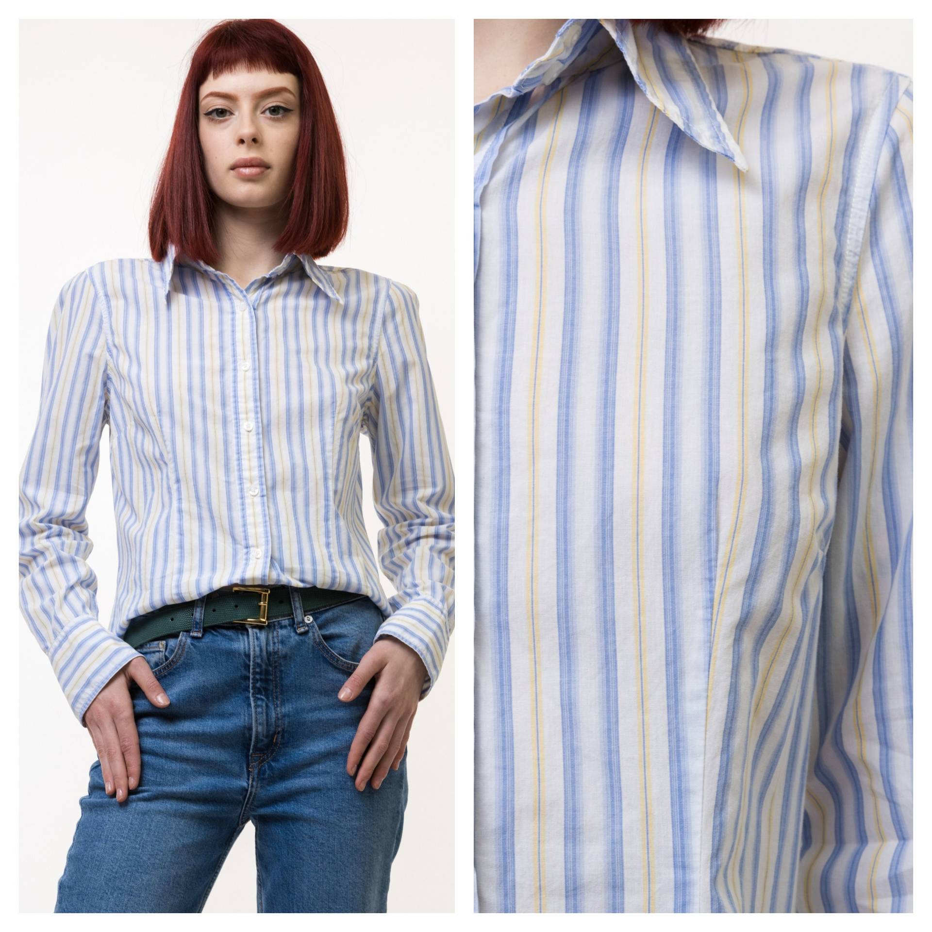 90Er Jahre Vintage Tommy Hilfiger Striped Blue Logo Long Sleeve Buttons Up Woman Shirt in M Size 4921 / von MoodGirlsUA