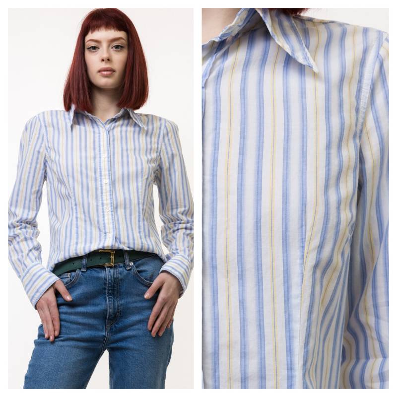 90Er Jahre Vintage Tommy Hilfiger Striped Blue Logo Long Sleeve Buttons Up Woman Shirt in M Size 4921 / von MoodGirlsUA