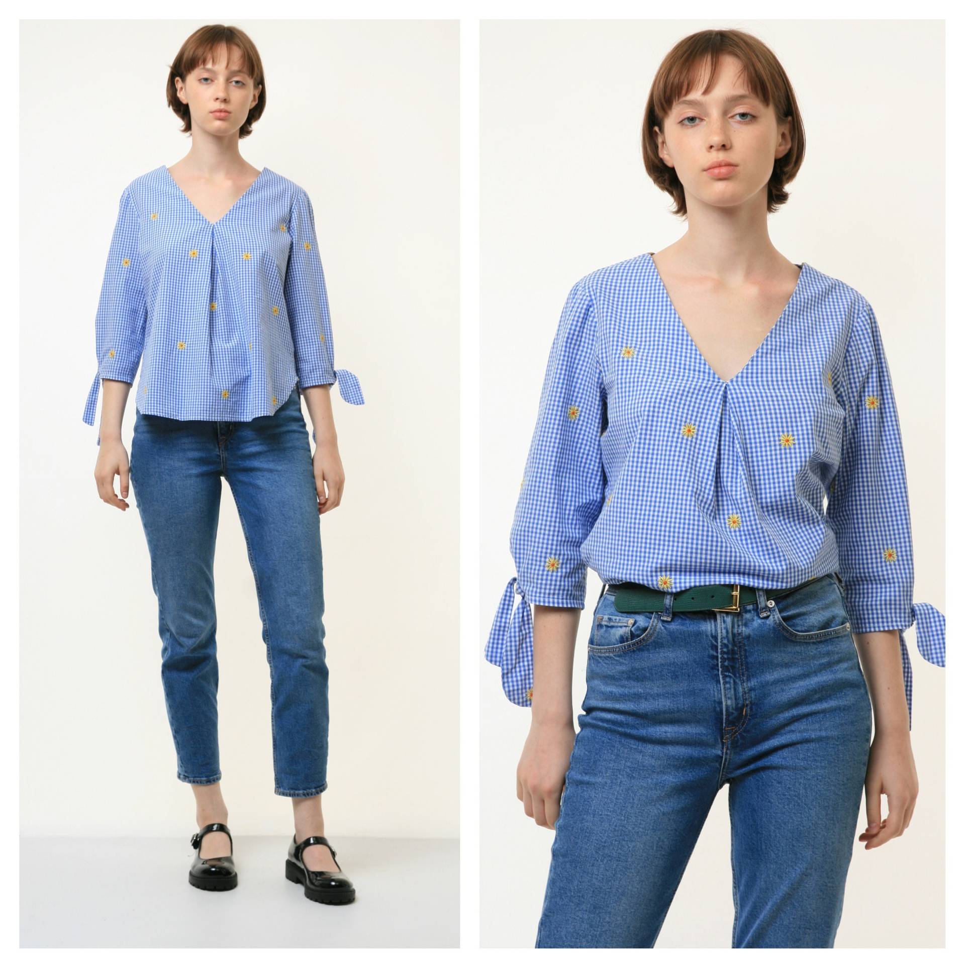 90Er Jahre Vintage Vtg Blau Kariert Bestickte Blumen Langarm Shirt Ohne Verschluss Bluse 4221 Freundin Geschenk Vorhanden Größe S Klein von MoodGirlsUA