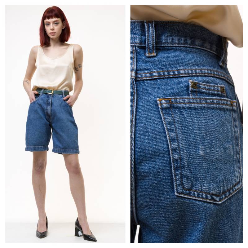 90Er Jahre Vintage Vtg Rare Blue High Waisted Denim Zip Befestigt Midi-Shorts in Medium Grunge Size S 28 Girl Girlfriend Gift 5035 von MoodGirlsUA