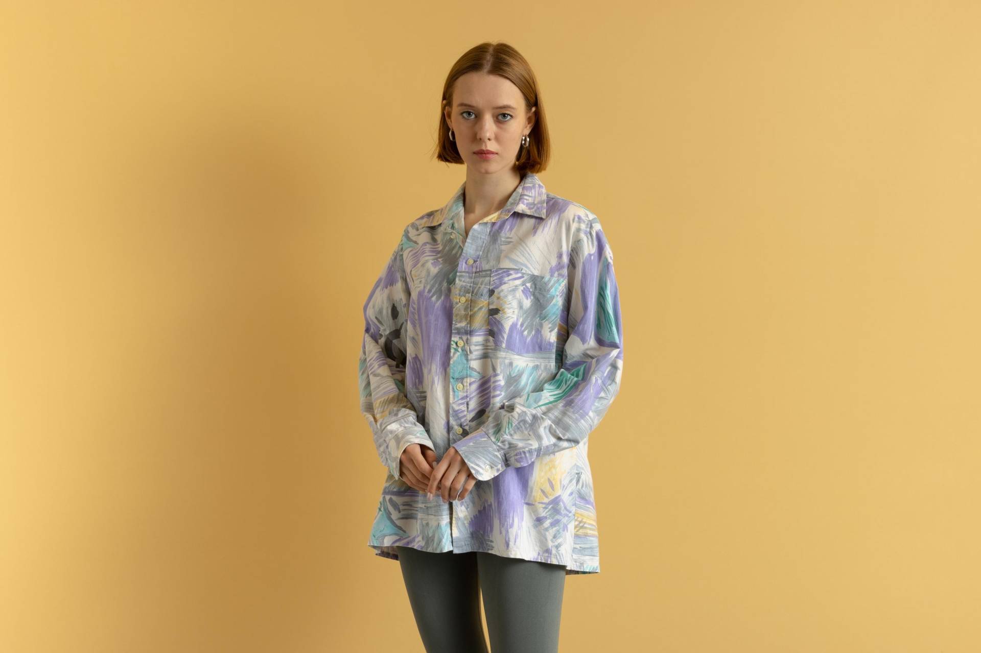 90Er Vintage Baumwolle Azteken Abstraktes Muster Unisex Stoff Langarm Im Shirt Knöpfe Up Bluse Größe Herren L Groß von MoodGirlsUA