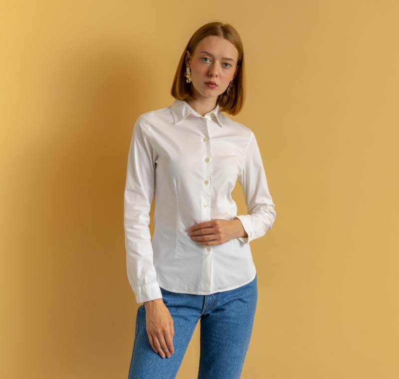 90Er Vintage Damen Gebrauchte Anne Fontaine Paris Weiße Baumwollhemd Bluse Größe 1 Klein von MoodGirlsUA