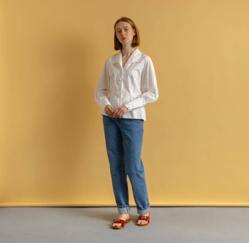 90Er Vintage Damen Gebrauchte Anne Fontaine Paris Weiße Baumwollhemd Bluse Größe 2 Klein von MoodGirlsUA