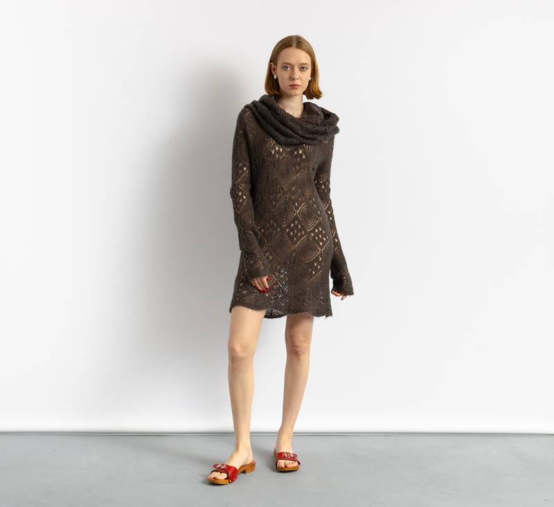 90Er Vintage Damen Vorbesitz Langer Rollkragen Handgestrickt Grau Gehäkelt Mohair Kleines Kleid Cardigan von MoodGirlsUA