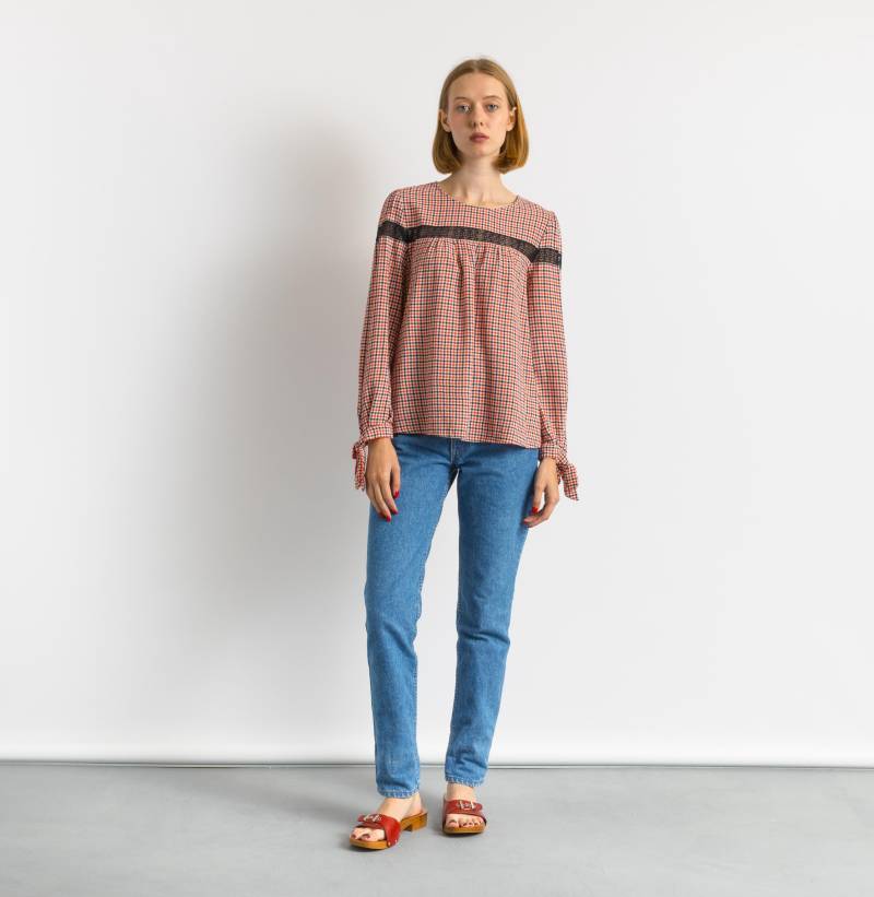 90Er Vintage Frau Claudie Pierlot Rot Kariert Slim Fit Hemd Bluse Größe 38 Small von MoodGirlsUA