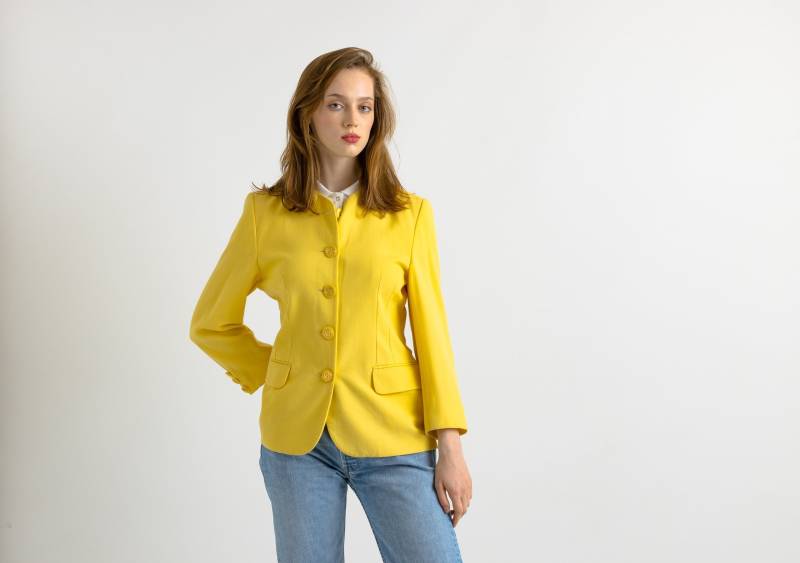 90Er Vintage Reine Wolle Gelb Lange Maxi Blazer Jacke Button Up von MoodGirlsUA