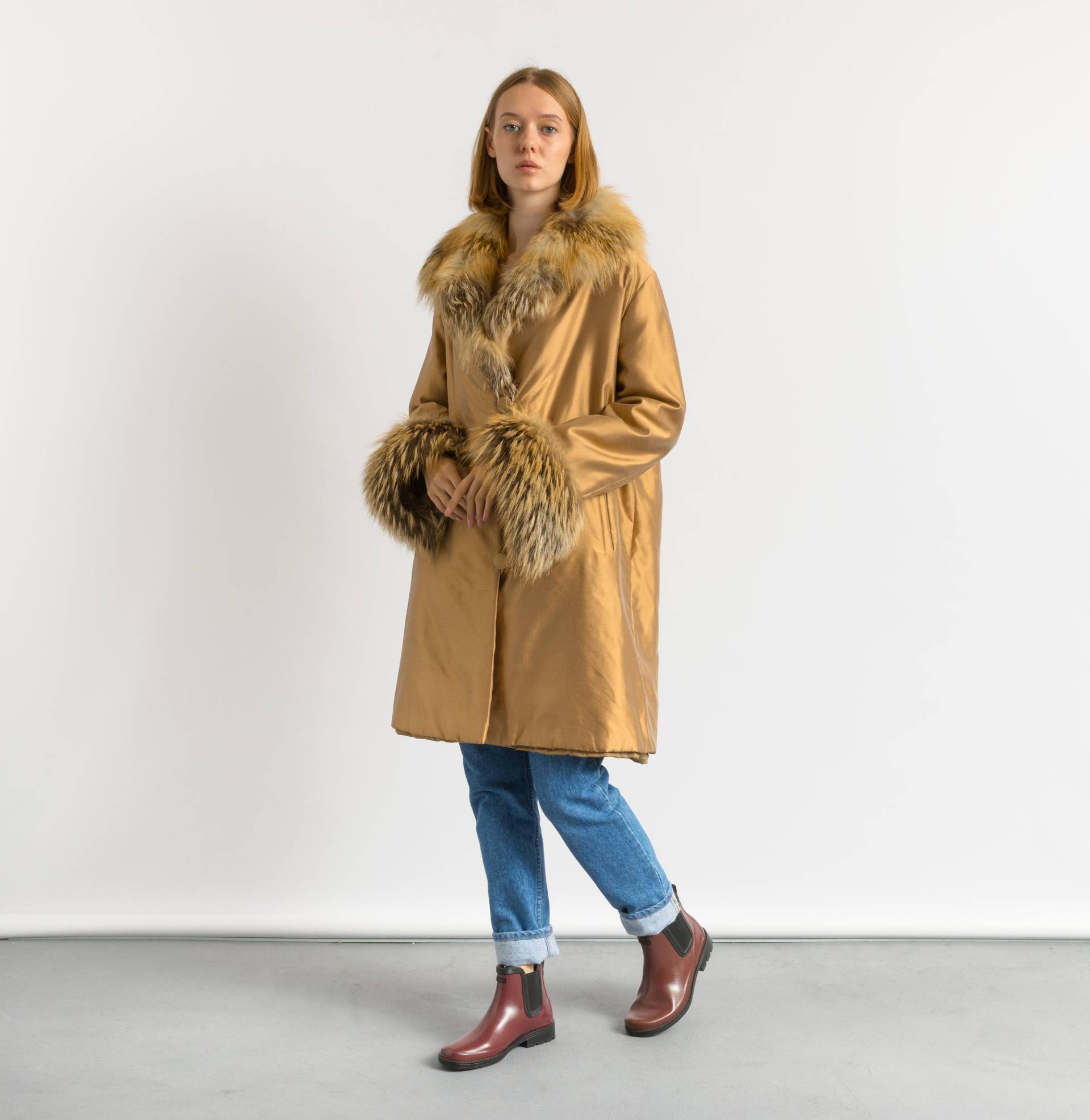 90Er Vintage Vinicio Pajaro Wildseide Gefütterter Mantel Mit Fell Manschetten Damen Outwear Boho Western Hippie Nachhaltige Mode von MoodGirlsUA