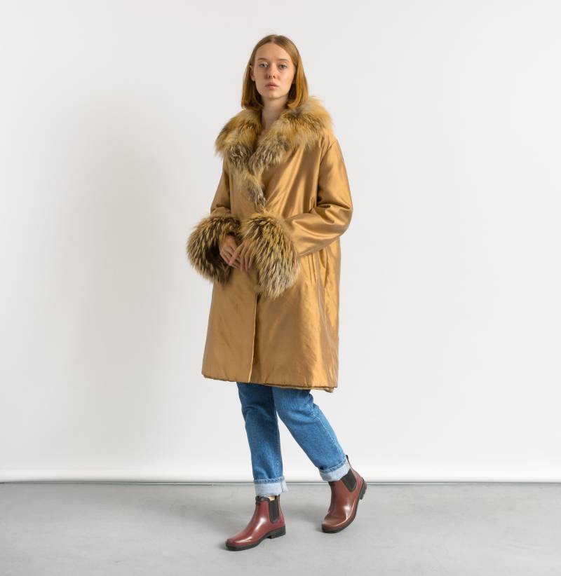 90Er Vintage Vinicio Pajaro Wildseide Gefütterter Mantel Mit Fell Manschetten Damen Outwear Boho Western Hippie Nachhaltige Mode von MoodGirlsUA