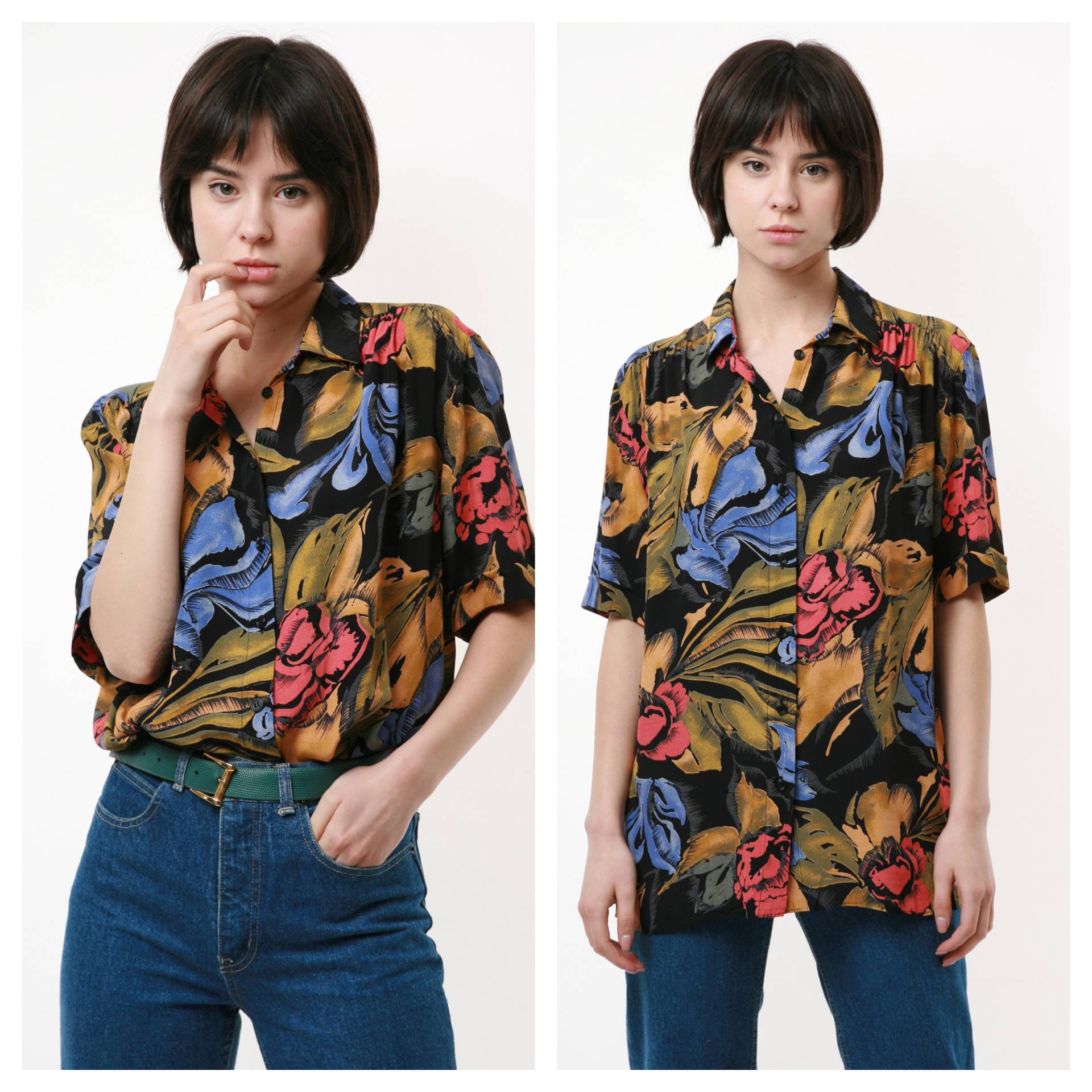 Bluse Mit Abstraktem 80Er-Jahre-Vintage-Muster, Kurzen Ärmeln Und Knöpfen, Modell 2138 von MoodGirlsUA