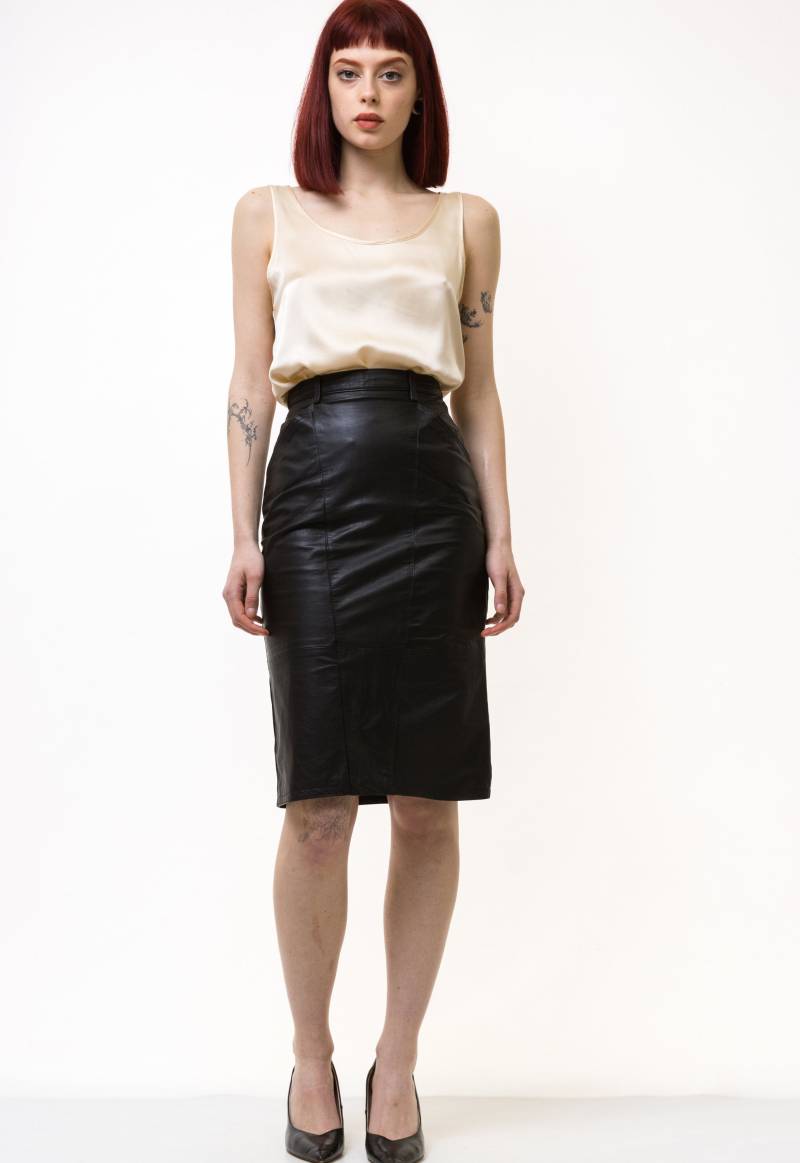 Damen Vintage High Waist Bleistift Knielang Schwarz 100% Lederrock Uk4 Xsmall 34 Größe von MoodGirlsUA