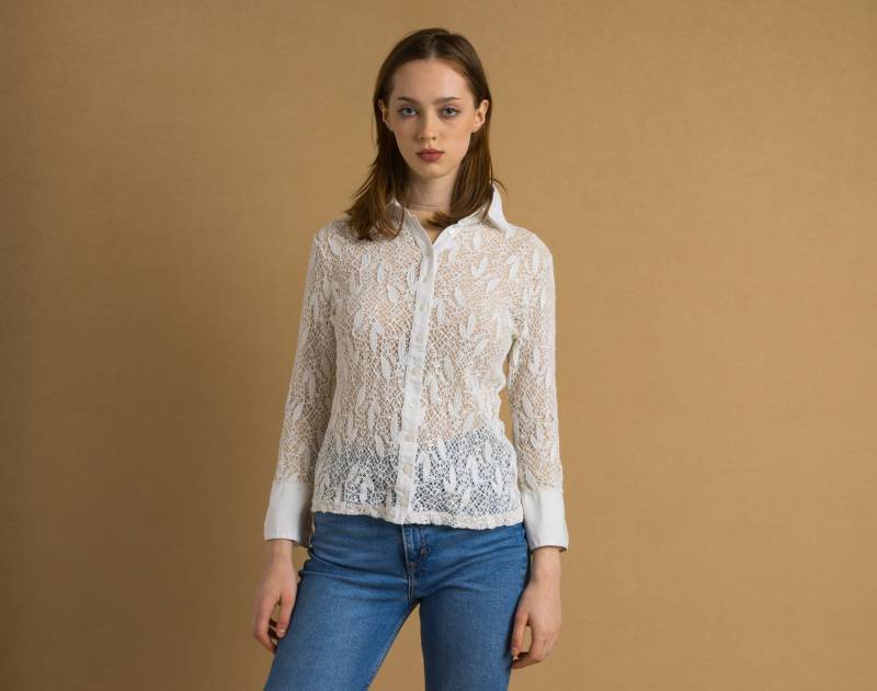 Frau Weiß Gehäkelte Y2K Handgemachte Kleidung Sommer Passform Knöpfe Bluse Größe 3 Passt Small Medium von MoodGirlsUA