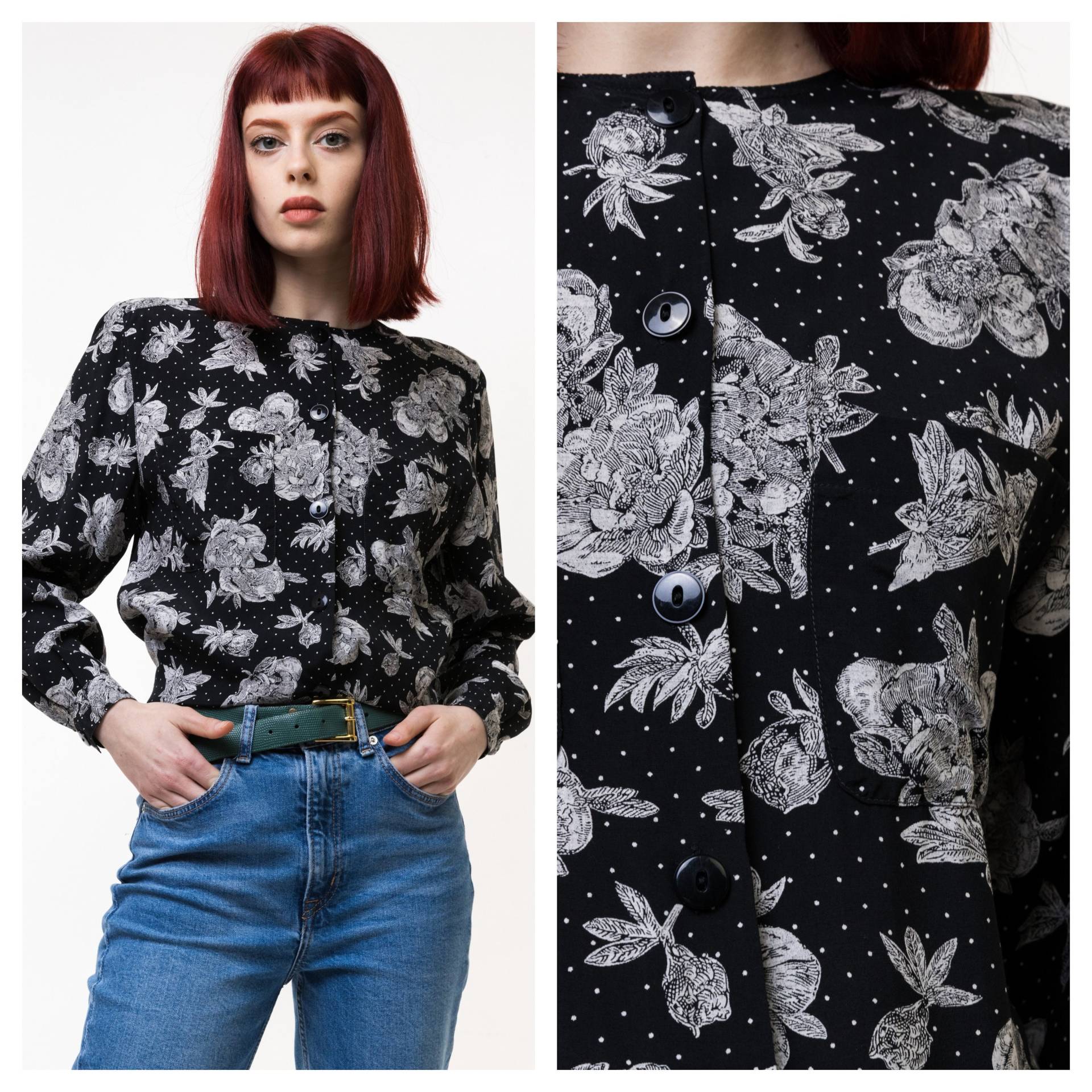 Frauen Blumenbluse Vintage 80Er Jahre Kragen Hemd Retro Wear Langarm Top Blume Baumwolle Boho Licht Damen Kleidung Größe S von MoodGirlsUA