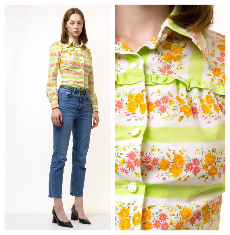 Kleines 70Er-Jahre-Prairie-Damen-Oberteil Mit Neuheitsdruck Und Knopfleiste | Vintage Langarm-Hemd Spitzem Kragen Rosenblumenmuster von MoodGirlsUA