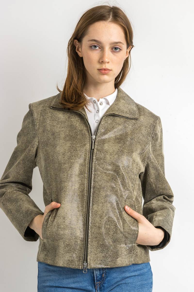 Leder Animal Print Schlangenjacke Damen Vintage 90Er Blazer Bikerjacke Braun Motorrad 80Er Grunge Jacke Beige Lederjacke Größe Klein von MoodGirlsUA