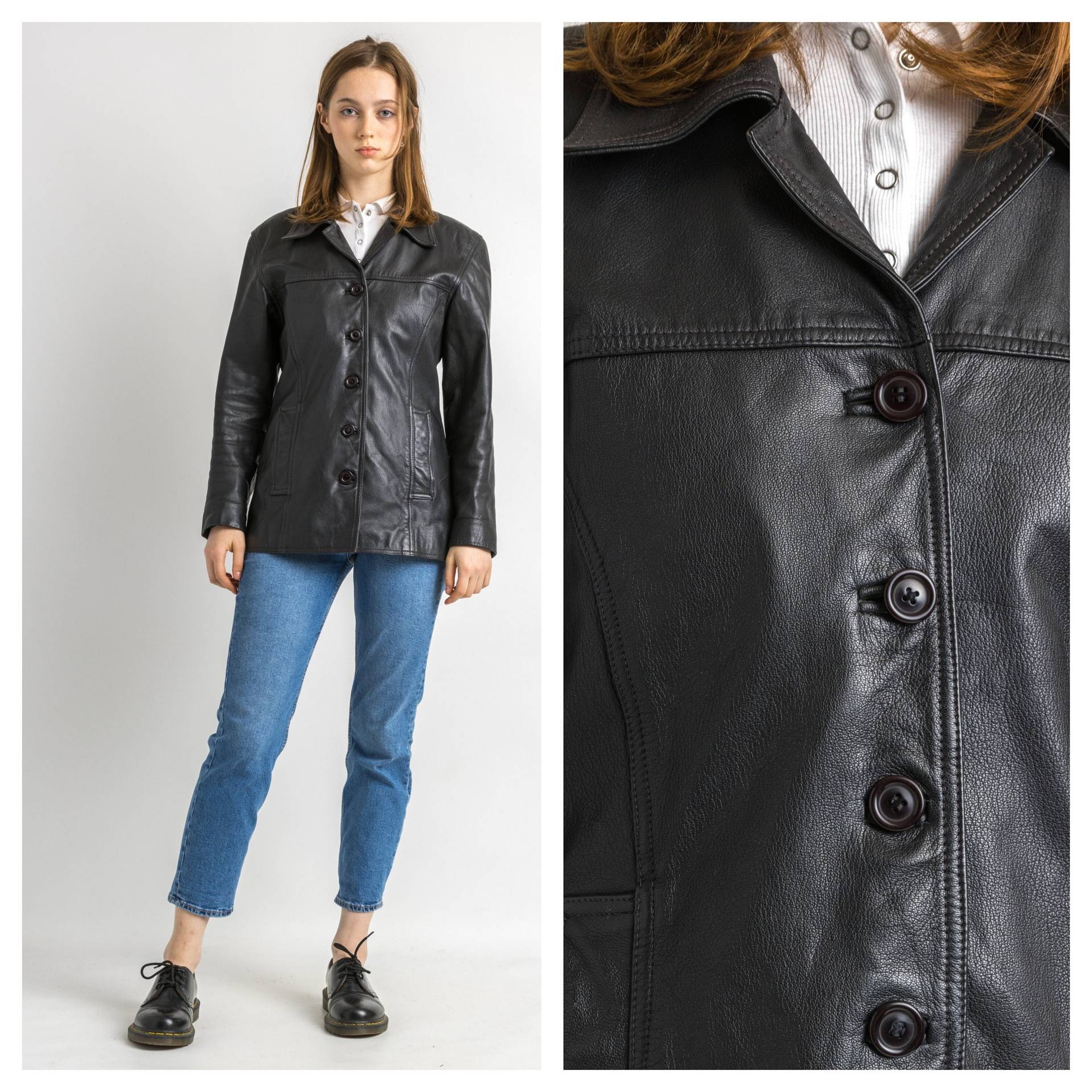 Leder Moto Bomberjacke Damen Vintage 80Er Bomber Bikerjacke Schwarz Motorrad Grunge Jacke Blaue Lederjacke Größe Klein von MoodGirlsUA