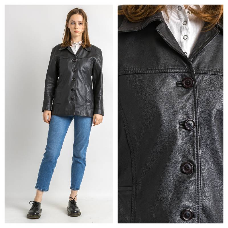 Leder Moto Bomberjacke Damen Vintage 80Er Bomber Bikerjacke Schwarz Motorrad Grunge Jacke Blaue Lederjacke Größe Klein von MoodGirlsUA