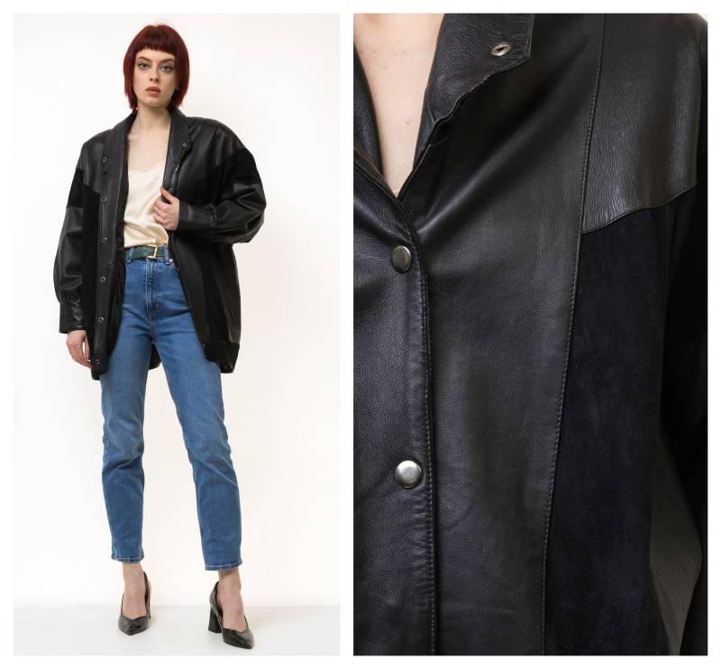 Leder Moto Bomberjacke Damen Vintage 80Er Bomber Bikerjacke Schwarz Motorrad Grunge Jacke Schwarze Lederjacke Größe Medium von MoodGirlsUA