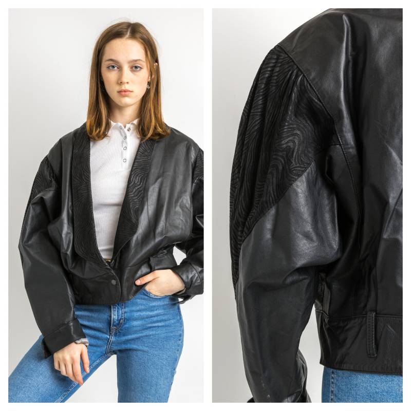 Leder Moto Bomberjacke Damen Vintage 80Er Bomber Bikerjacke Schwarz Motorrad Grunge Jacke Schwarze Lederjacke Größe Medium von MoodGirlsUA