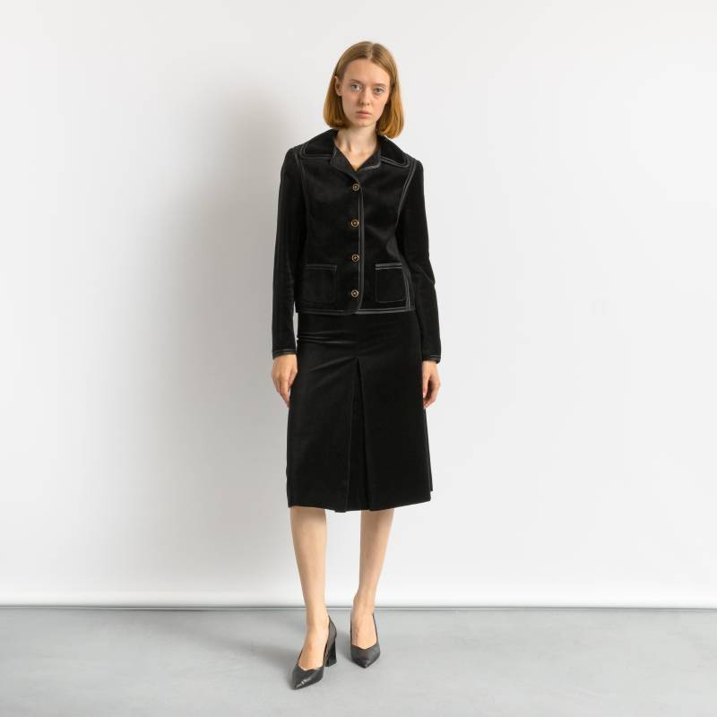 Louis Feraud Vintage Rockanzug, 1970Er Jahre Baumwolle Louis Feraud Velours Eleganter Schwarzer Damen Blazer Anzug von MoodGirlsUA