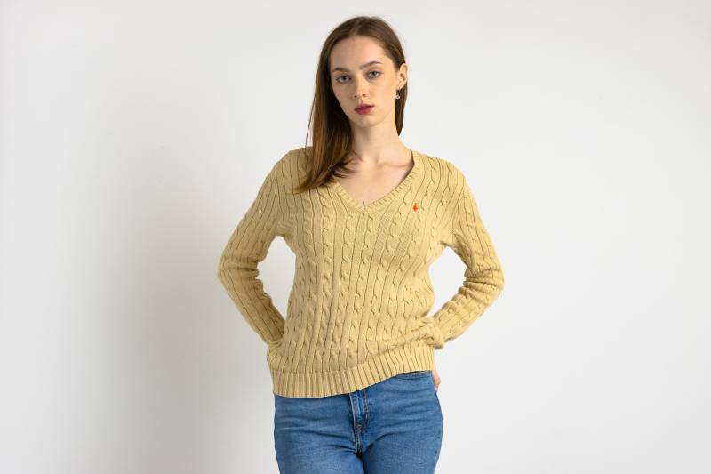Ralph Lauren Pullover Beige Polopullover Gestrickter Baumwollstrickpullover V-Ausschnitt Schlicht Retro Basic Vintage 90Er Damen Medium von MoodGirlsUA