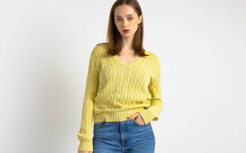 Ralph Lauren Pullover Gelber Polopullover Gestrickter Baumwollstrickpullover V-Ausschnitt Schlicht Retro Basic Vintage 90Er Jahre Damen Medium von MoodGirlsUA