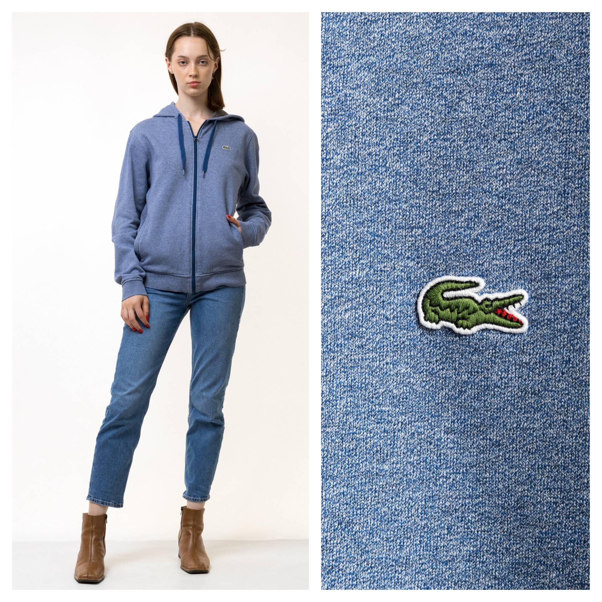 Vintage 00Er Lacoste Pullover Kapuze Streetwear Logo Bestickter Blau Melange von MoodGirlsUA