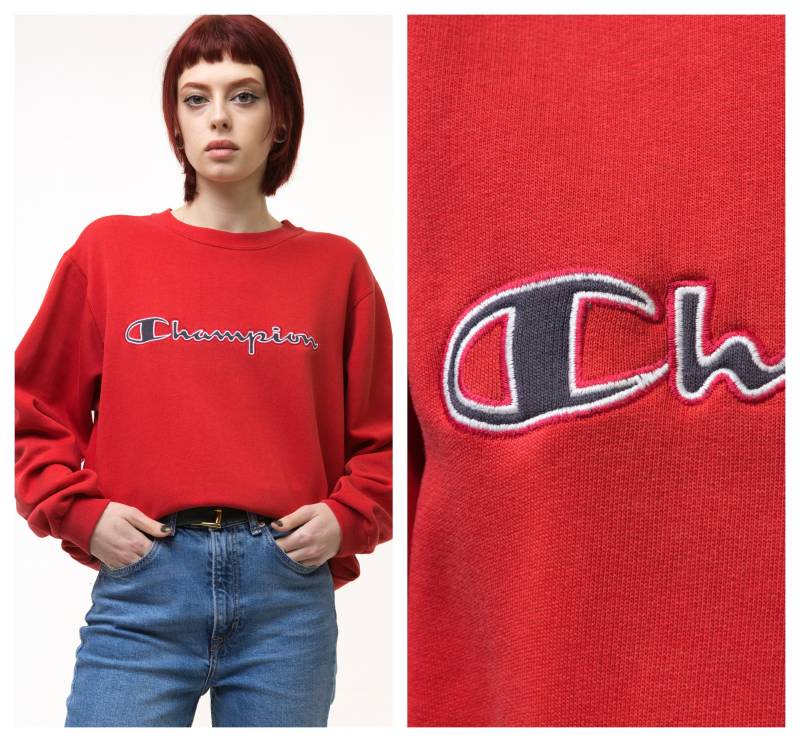 Vintage 90Er Champion Großes Logo Sweatshirt Schlicht Sportswear Pullover Cashpion Crewneck Rot Größe Groß von MoodGirlsUA