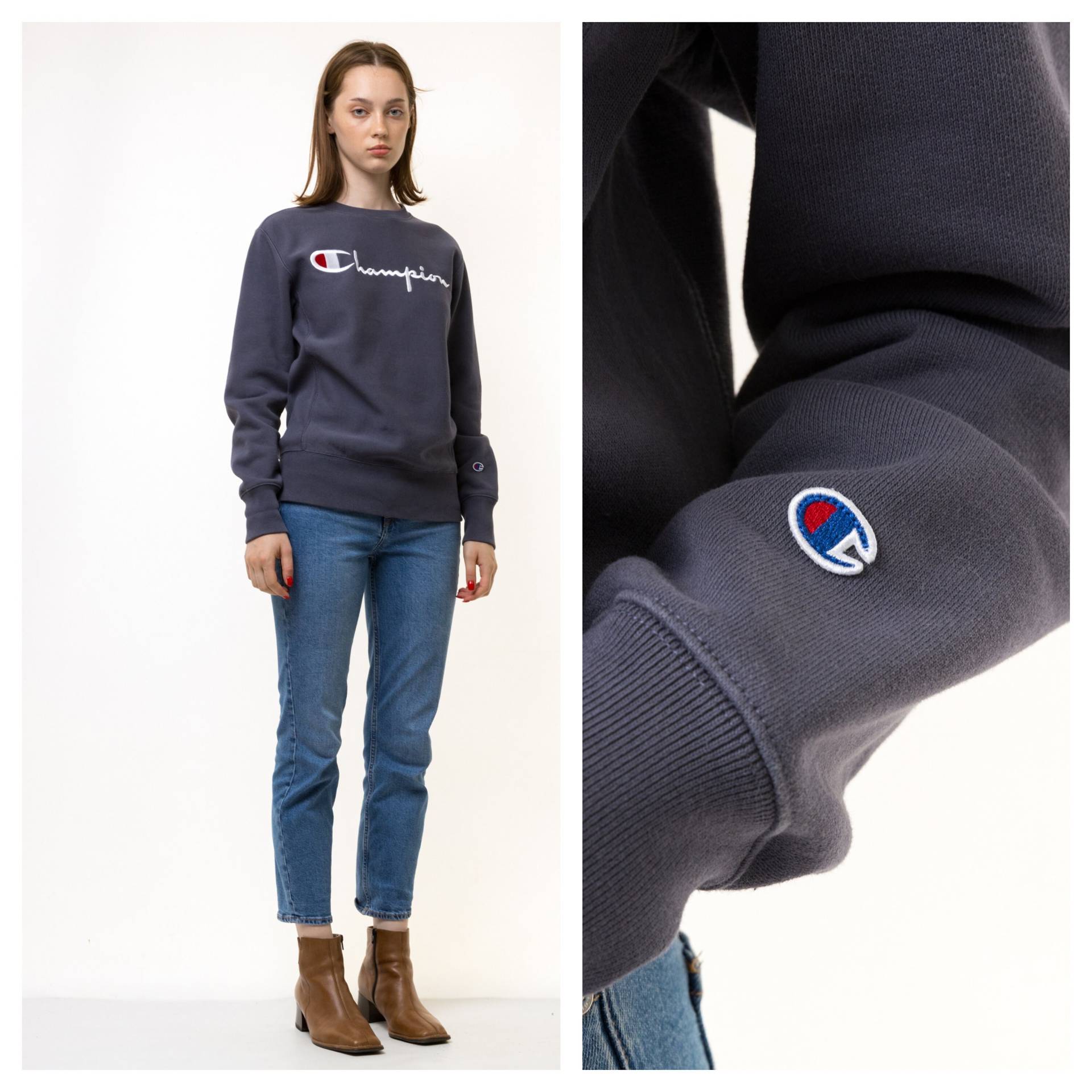 Vintage 90Er Jahre Champion Sweatshirt Crewneck Pullover Streetwear Logo Bestickter Graues von MoodGirlsUA