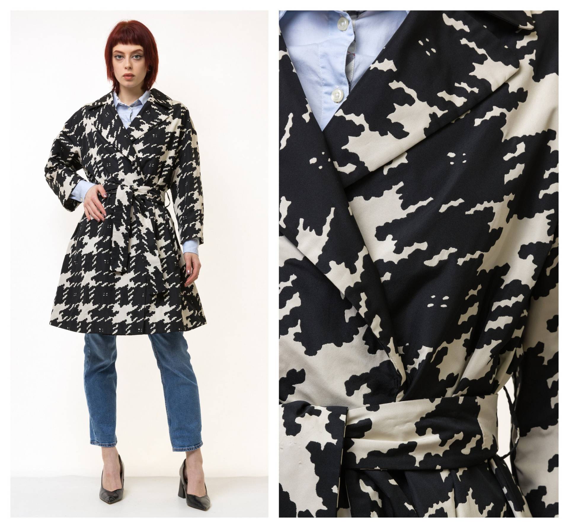 Vintage Abstrakte Schwarz-Weiße Trenchjacke | Doppelbrust-Minimal-Regenmantel |Medium von MoodGirlsUA