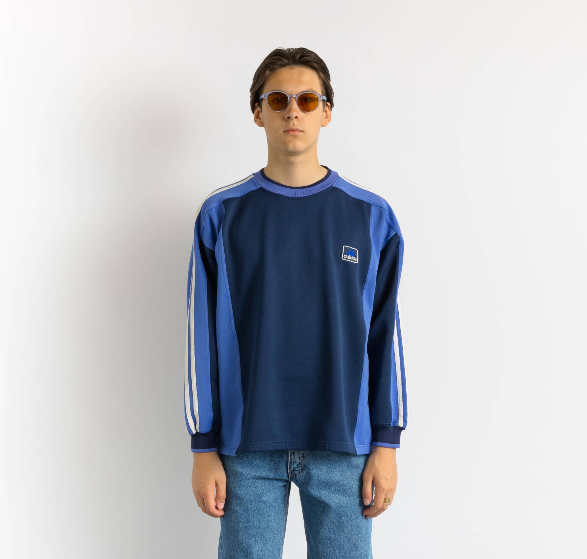 Vintage Adidas Sweatshirt Größe L Blau Gelb 90Er Sport Style Crewneck Pullover Retro Wear von MoodGirlsUA