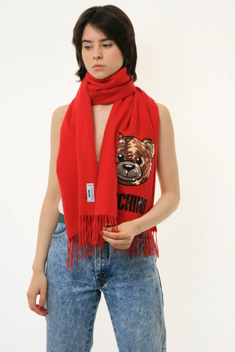 Vintage Damen Deadstock Moschino Roter Bär Wollschal/ Moschino Teddybär 100 % Wolle Fransenschal Rot Made in Italy von MoodGirlsUA