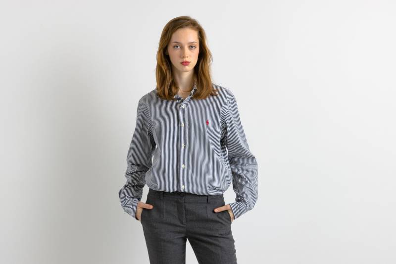 Vintage Ralph Lauren Blaues Baumwoll-Logo Langarm-Knöpfe-Unisex-Hemd/ Unisex-Gestreiftes Herren-Hemd in Größe M von MoodGirlsUA