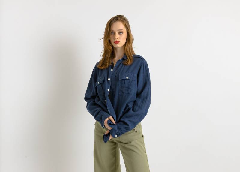 Vintage Ralph Lauren Blaues Leinen Logo Langarm Knöpfe Up Unisex Shirt/ Blau Medium Man Shirt von MoodGirlsUA