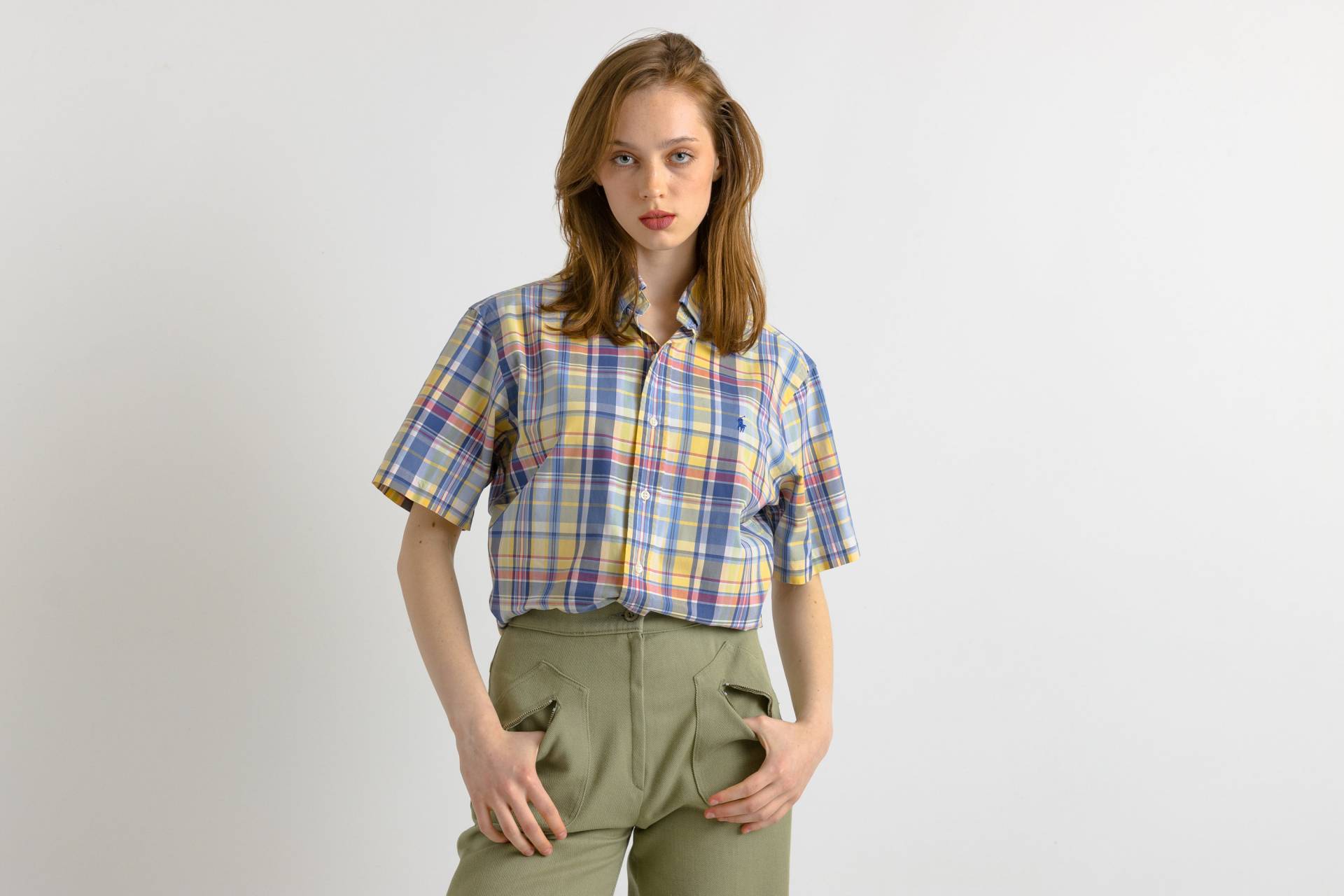 Vintage Ralph Lauren Kariertes Baumwolllogo Kurzarmknöpfe Up Unisex Shirt/ Beige Medium Man Shirt von MoodGirlsUA