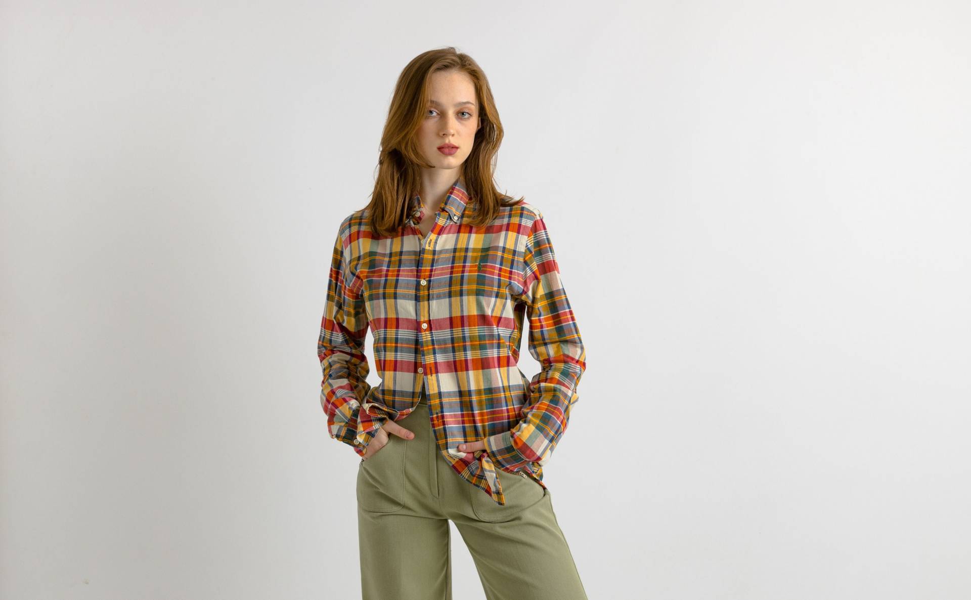 Vintage Ralph Lauren Kariertes Baumwolllogo Langarmknöpfe Up Unisex Shirt/ Beige Small Man Shirt von MoodGirlsUA