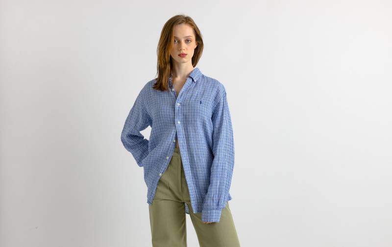 Vintage Ralph Lauren Kariertes Leinen-Logo Langarm-Knöpfe-Unisex-Hemd/ Unisex-Blau-Medium-Mann-Hemd von MoodGirlsUA